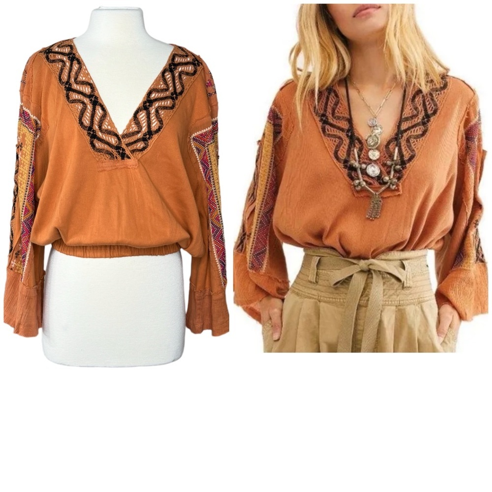 Free People Cross Country Sienna Bell Sleeve Bohemian Boho Top, Size Lar… - Picture 2 of 11